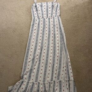 White and Blue Striped Maxi Dress with Red Roses